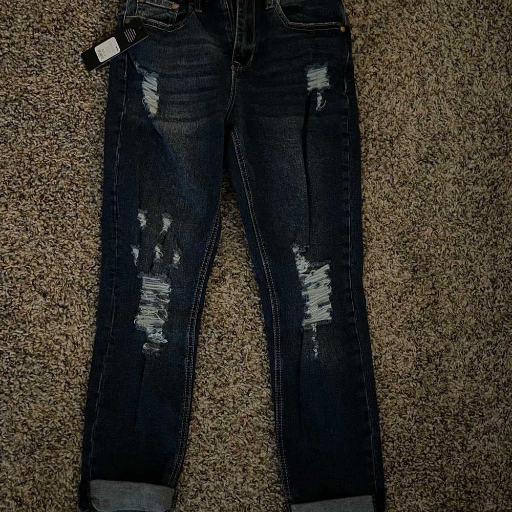 Fashion Nova Dark Blue Distressed Ankle Jeans